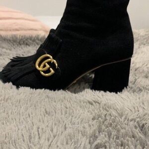Gucci Black Heeled Boots with Gold Logo